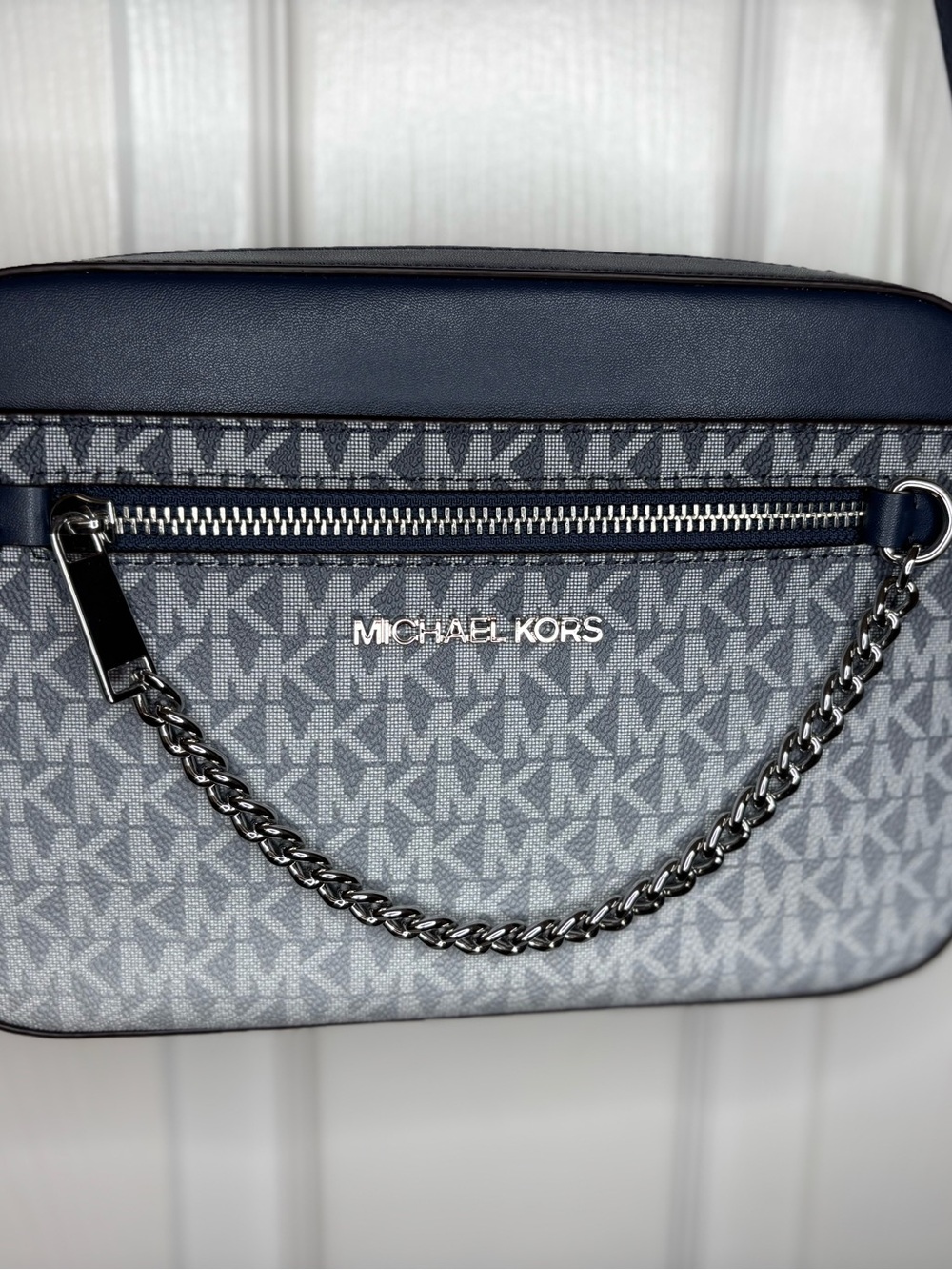Michael Kors Gray MK Monogram Crossbody Camera Bag with Chain Accent